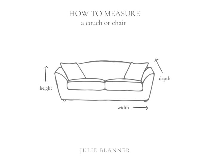 A graphic with "How to measure a sofa or chair" across the top, and a sofa with measurement on a white background.