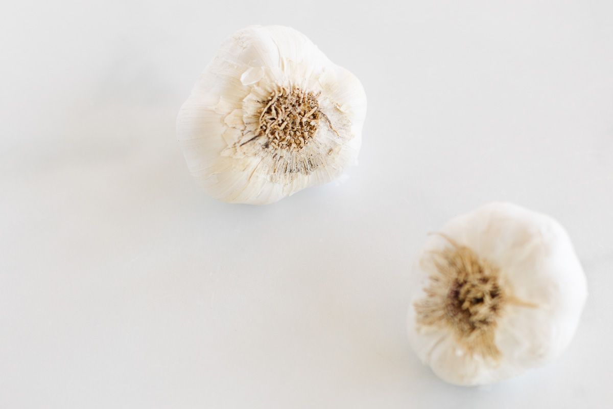 Two heads of garlic on a white marble countertop.