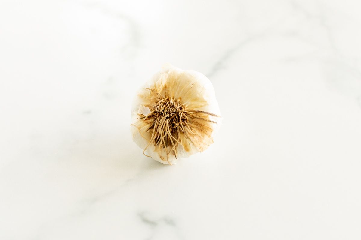 A bulb of garlic on a marble surface