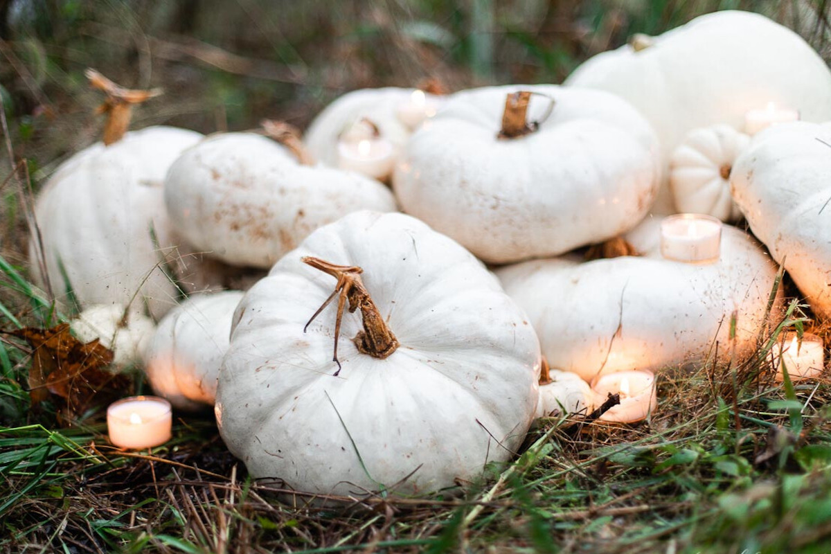 A pile of white heirloom pumpkins and candles in a pumpkin decorating guide