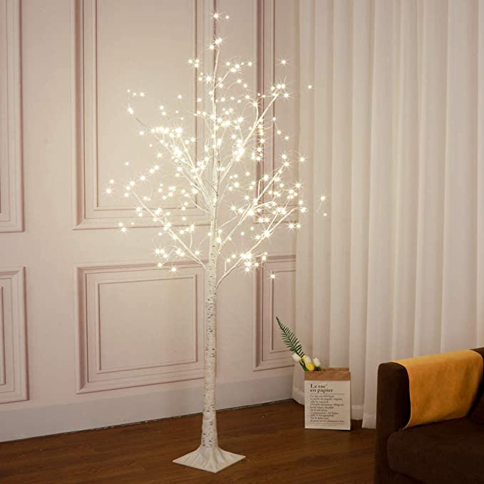 a white birch fairy light tree