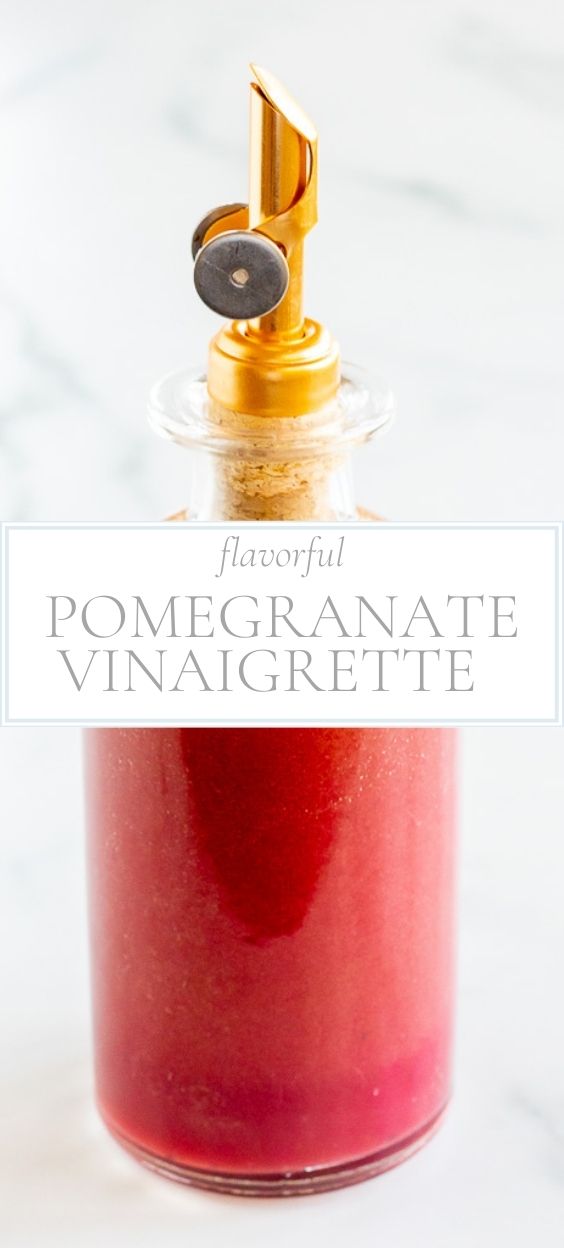 Glass bottle with gold pourer filled with pomegranate vinaigrette