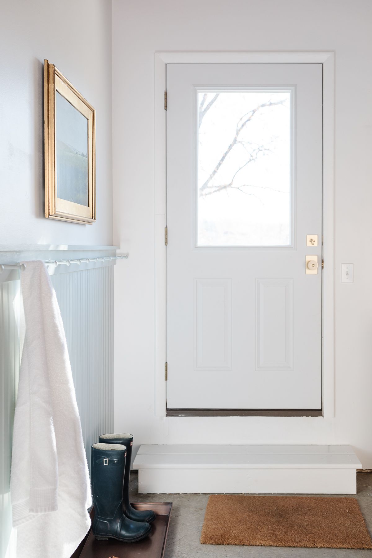 A garage storage area painted in Benjamin Moore Smoke Blue