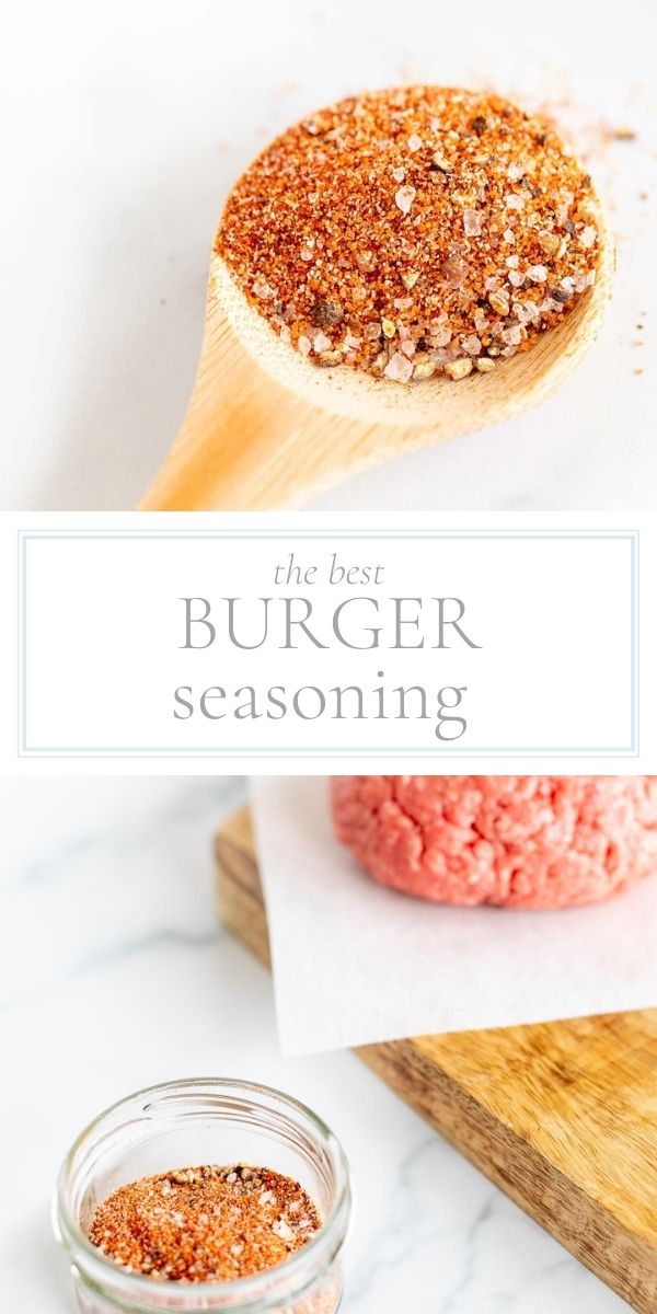 Top photo in post is a wooden spoon holding some of the burger seasoning. The bottom photo is the seasoning in a small glass jar. To the right of the seasoning is a raw burger patty resting on a wooden cutting board and a piece of parchment paper.