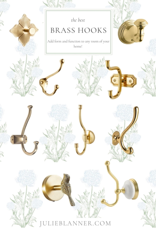 A graphic with a blue floral background featuring a variety of brass hooks.