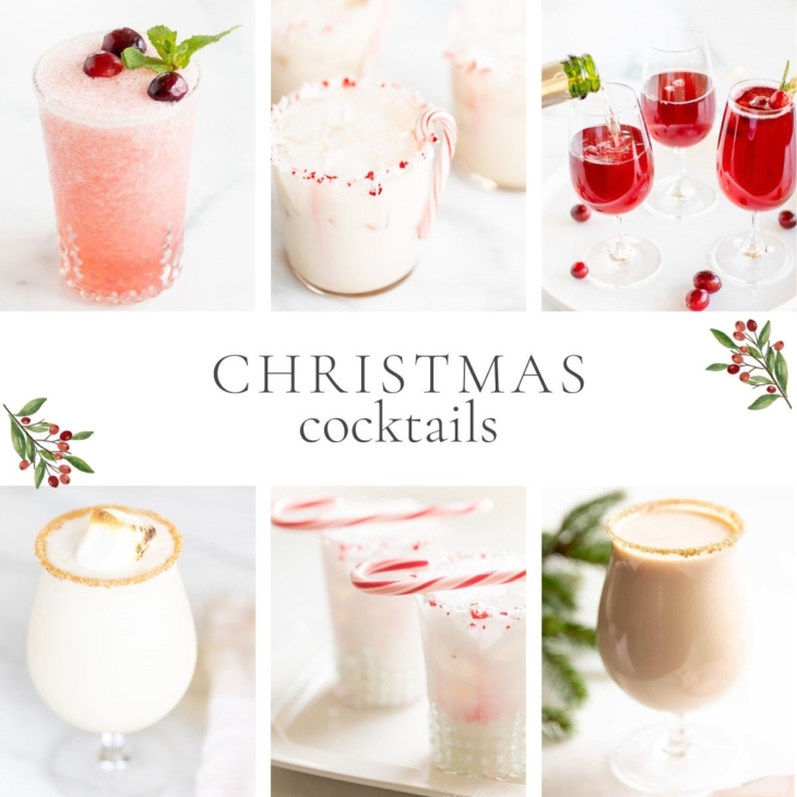 A graphic image featuring a variety of pink, red and white drinks, title reads "christmas cocktails"