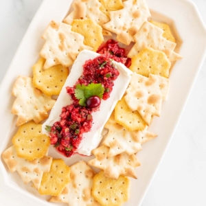 A platter of crackers surrounding cranberry salsa on a block of cream cheese