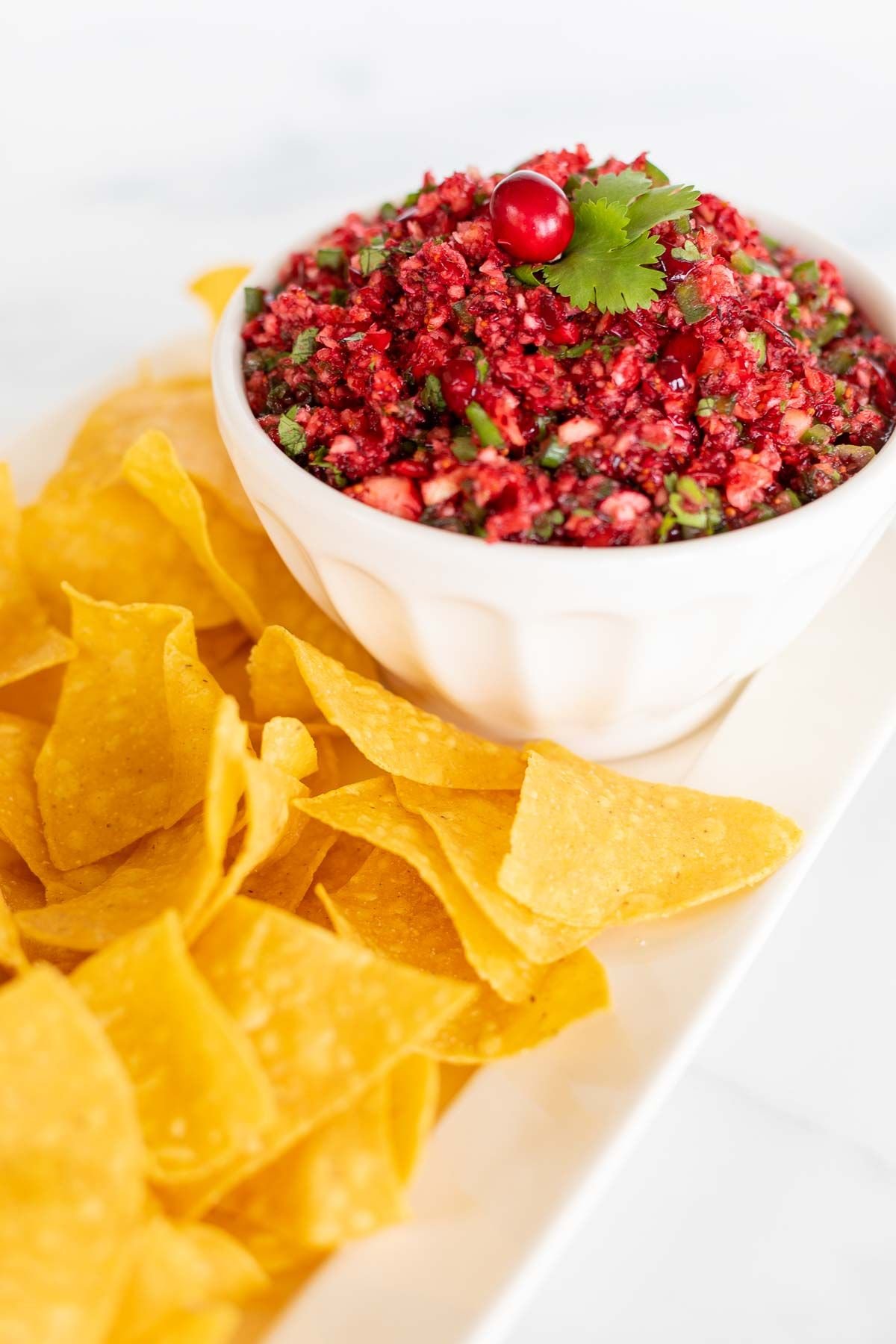 A bowl of Christmas salsa made with cranberries, surrounded by tortilla chips