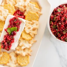 A platter of crackers surrounding cranberry salsa on a block of cream cheese