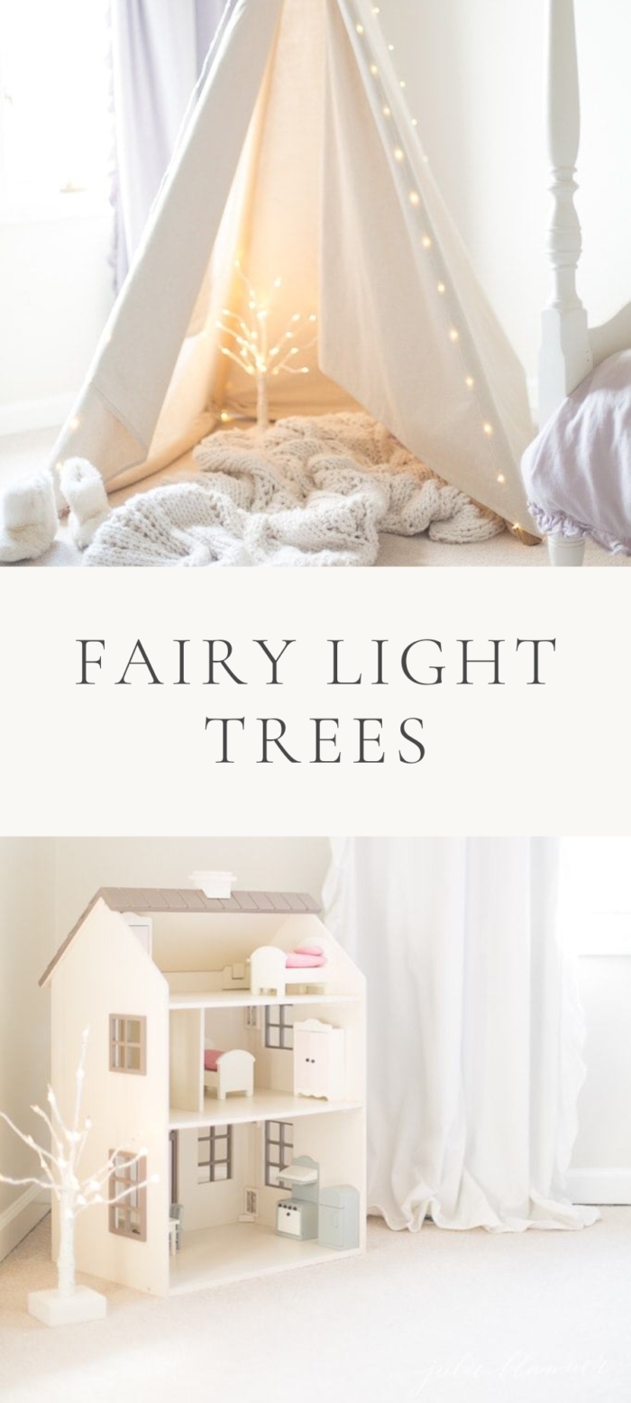 tent with fairy light tree and dot house