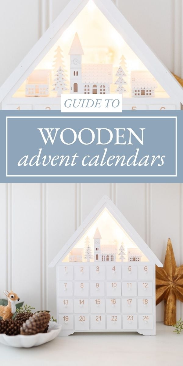 House-shaped wooden advent calendar with a light-up village display and numbered drawers, serving as a guide to wooden advent calendars.