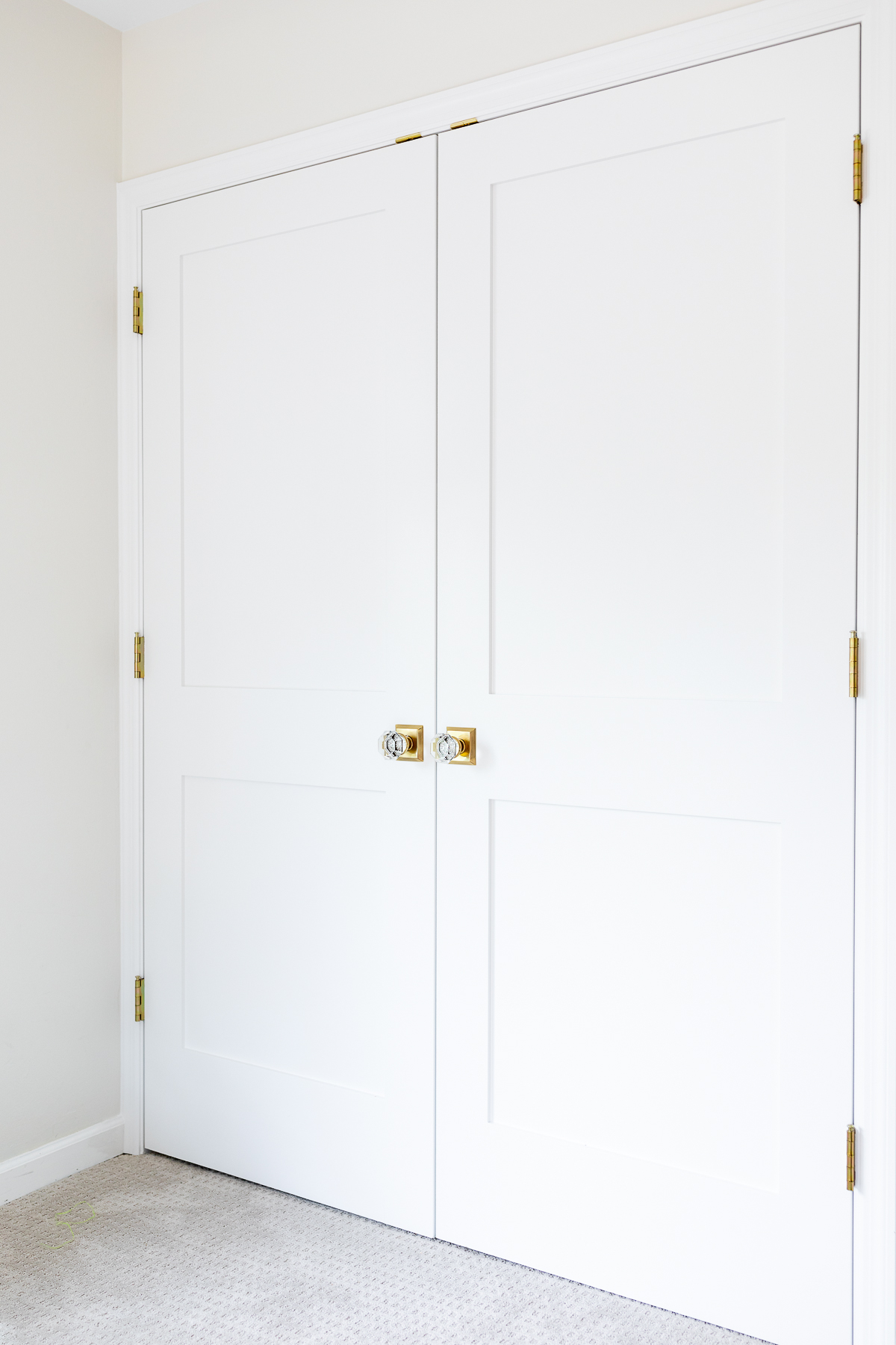 A pair of closed white double doors with gold handles, featuring a painting, in a room with light walls.