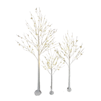 Three LED birch trees on a white background.