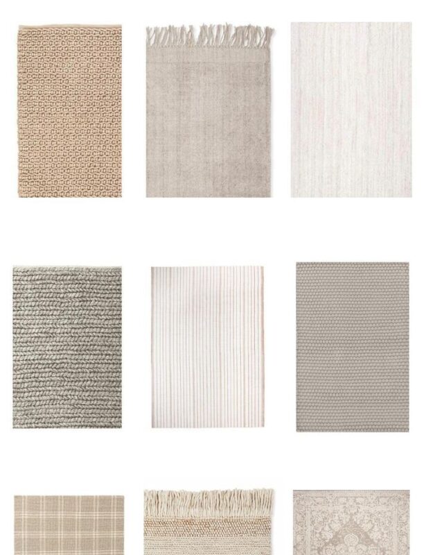 A graphic with a white background, title of Best Neutral Rugs, with images of 9 various neutral area rugs