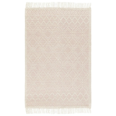 A pink rug with fringes on a neutral background.