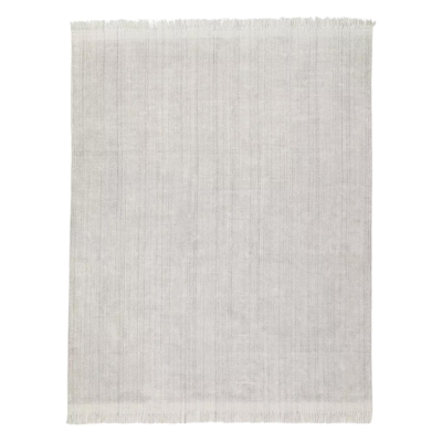 A white rug with fringes on a neutral background.