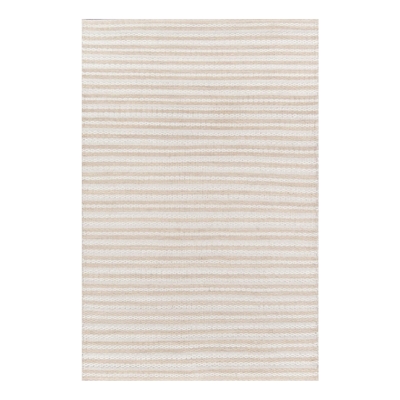 A neutral beige and white striped rug on a white background.