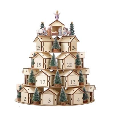 Tree-shaped wooden advent calendars with numbered house drawers, miniature pine trees, and a top nativity scene.