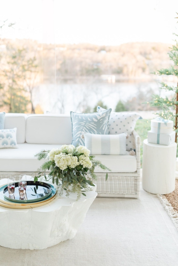 A patio with Serena and Lily outdoor furniture, dressed up for Christmas