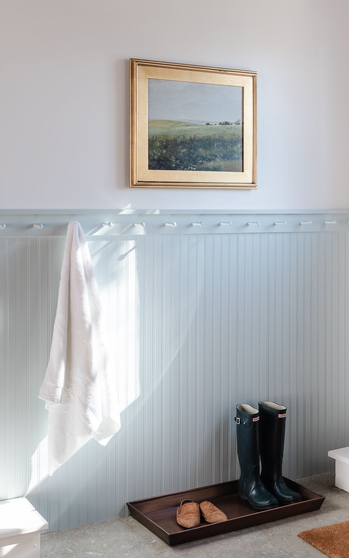 A garage storage area painted in Benjamin Moore Smoke Blue