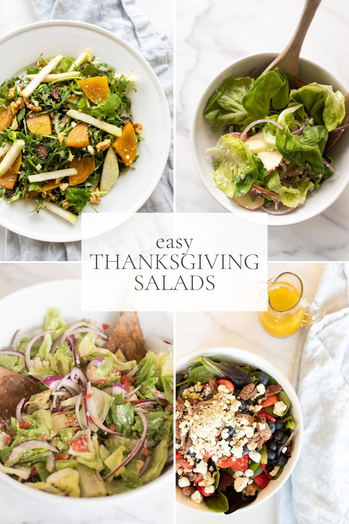 A graphic image featuring a variety of Thanksgiving salads.