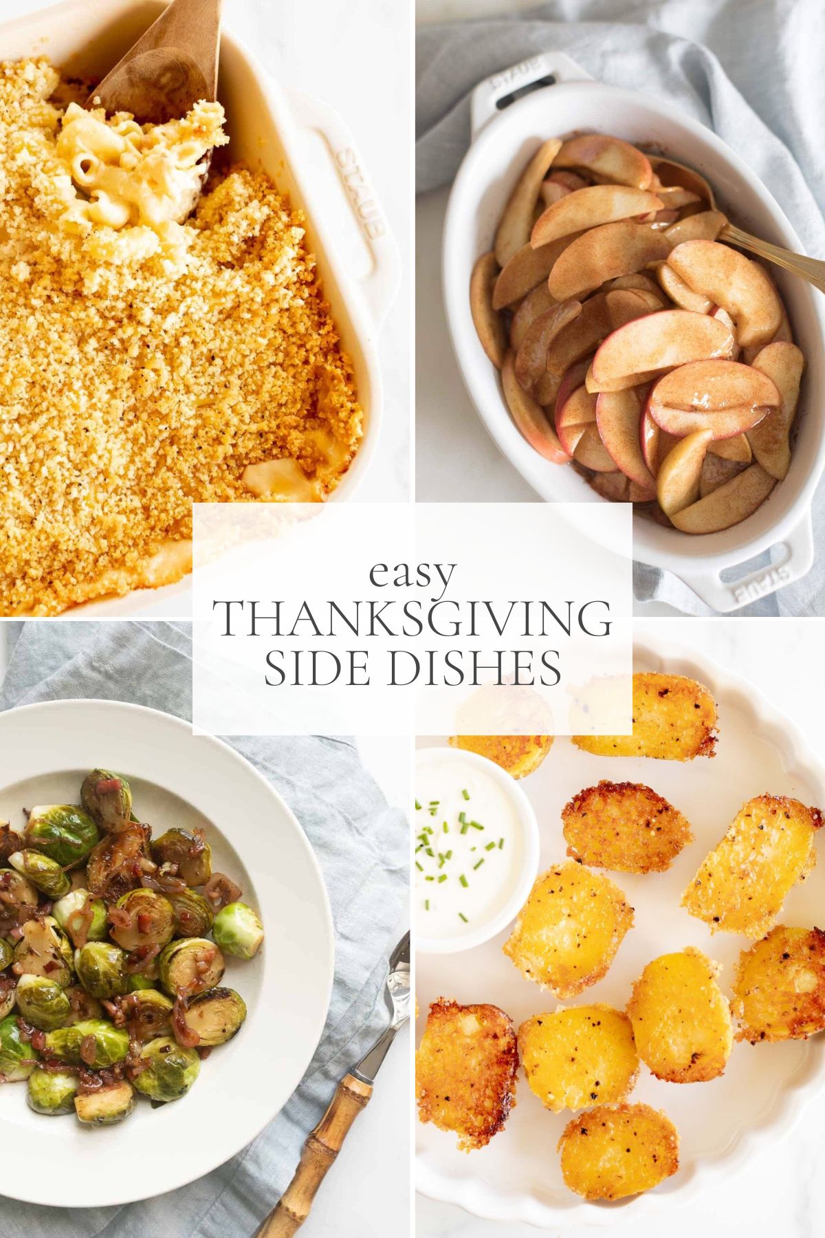 A graphic image featuring a variety of Thanksgiving side dishes. 