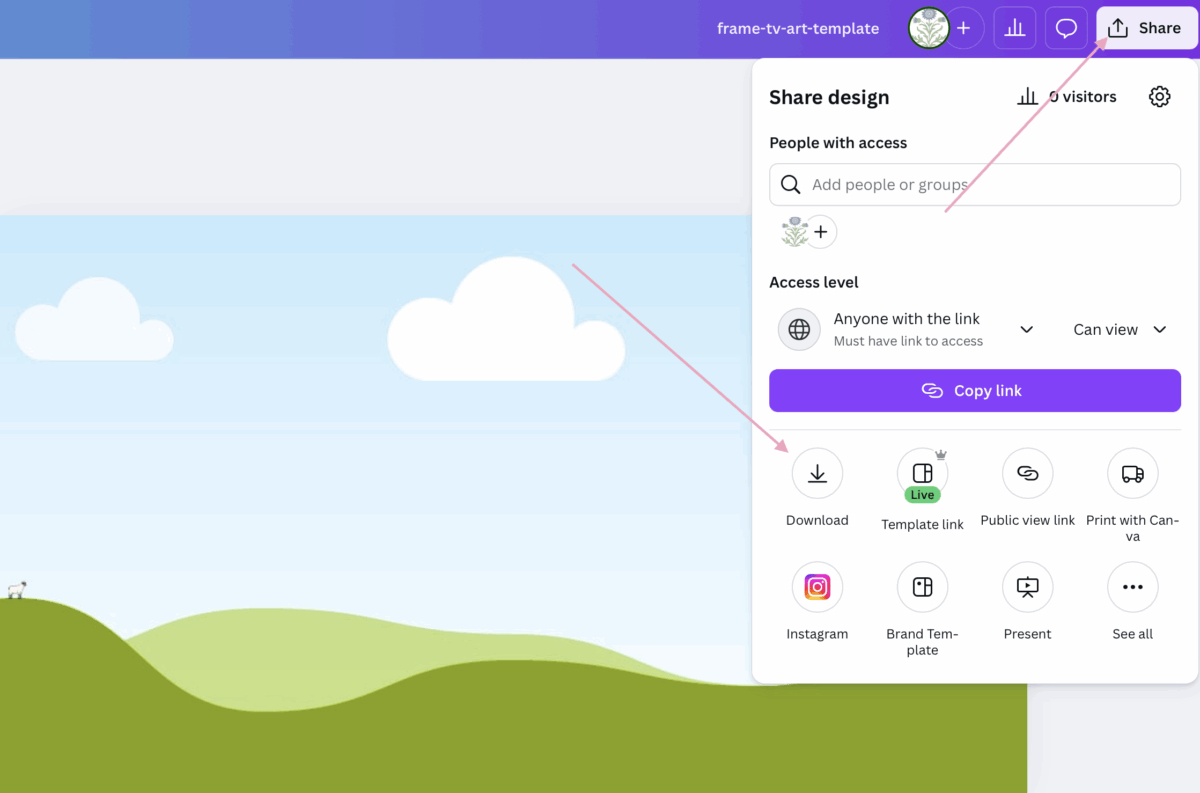 A screenshot of a design-sharing menu for Samsung Frame TV Art, showing options to download, copy link, and share to social media, with arrows highlighting the