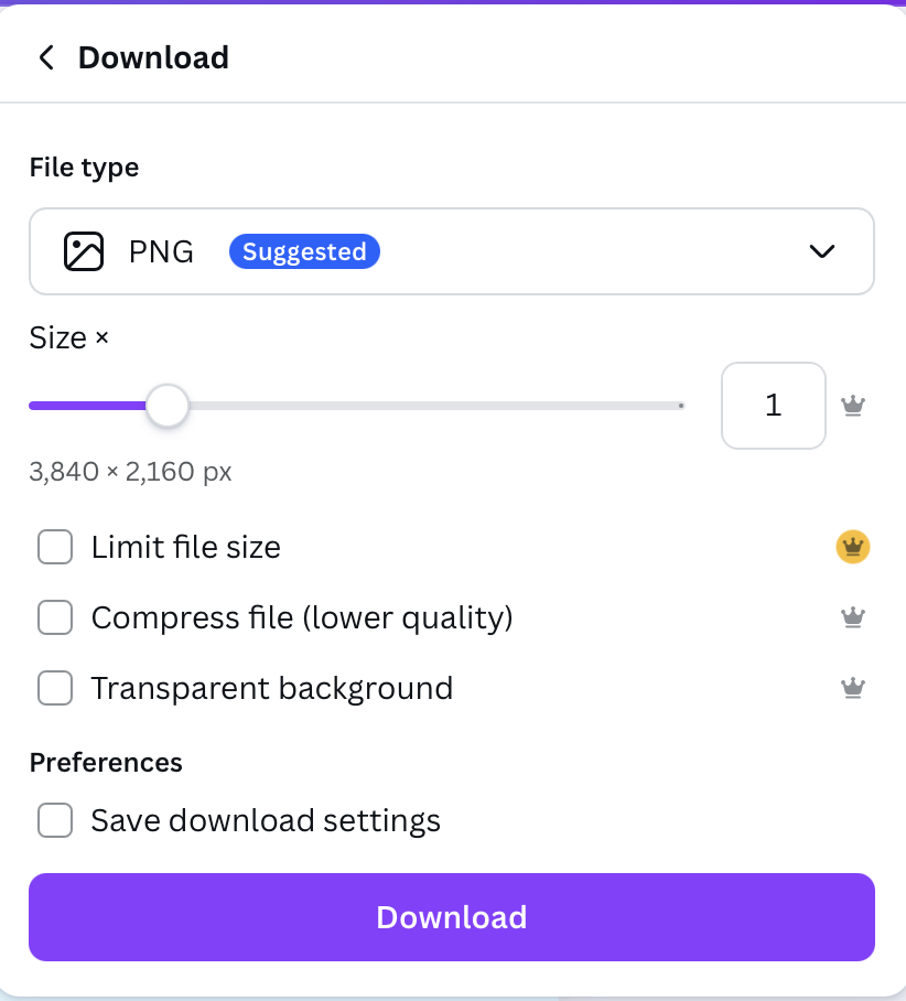 Screenshot of a download dialog for Samsung Frame TV Art, showing PNG format, size adjustment slider set to 3840 x 2160 px, and options for file size, compression, transparency, and download settings.