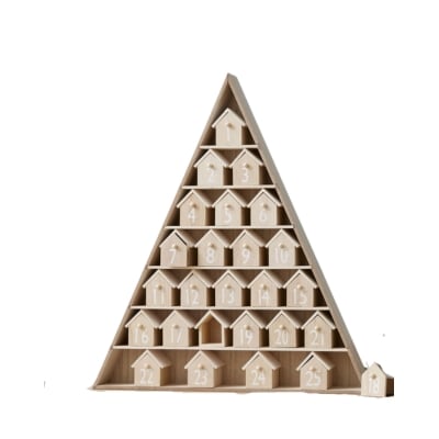 A pyramid of wooden houses with a tree in the middle, resembling a wood advent calendar.