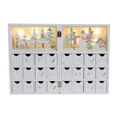 A white wood advent calendar with snowmen and lights.