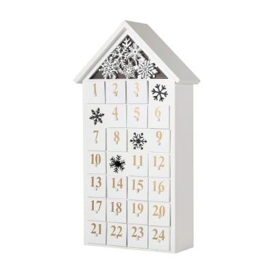 A white wooden advent calendar adorned with delicate snowflakes.