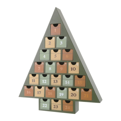 A wood advent calendar in the shape of a Christmas tree featuring numbers.