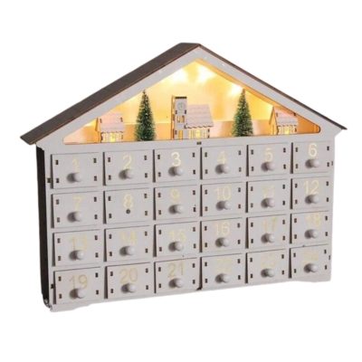 This wooden advent calendar is beautifully crafted and adorned with twinkling lights, creating a festive ambiance as you countdown to Christmas.