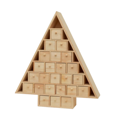 A Christmas tree-shaped wooden advent calendar featuring twenty-four small drawers.