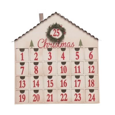 House-shaped wooden advent calendar with twenty-five numbered drawers and a decorative wreath at the top.