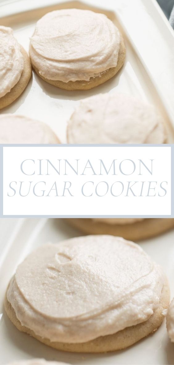 frosted cinnamon sugar cookies, overlay text, close up of cinnamon sugar cookies