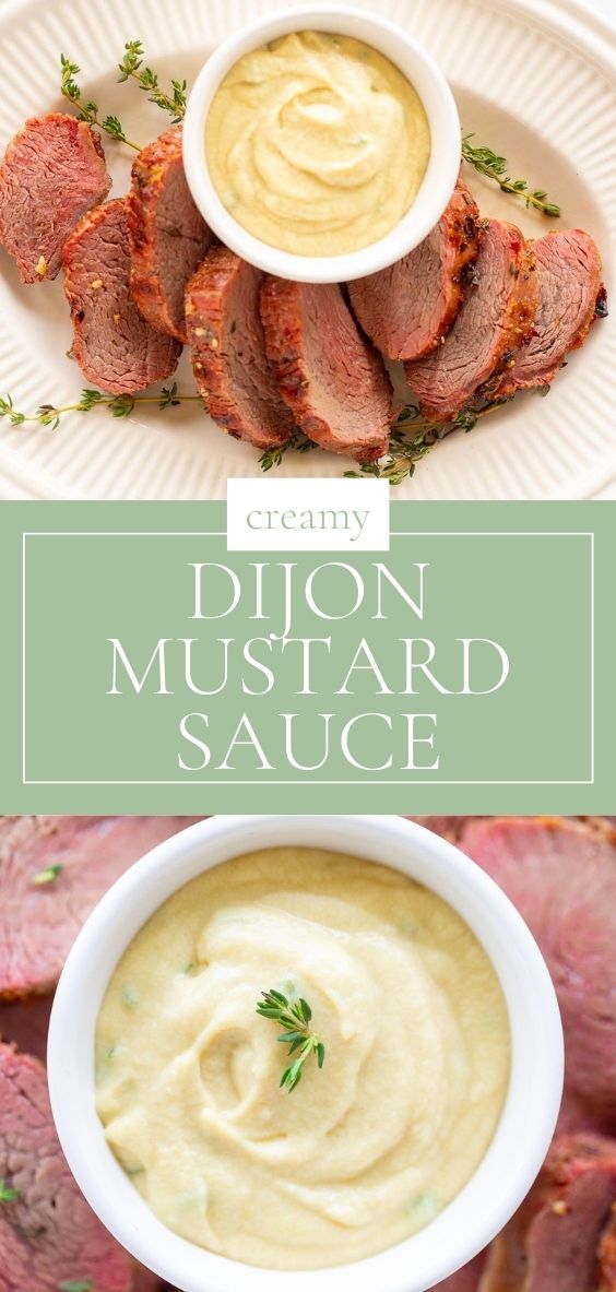 A white bowl full of Dijon mustard sauce, surrounded by beef tenderloin on a platter.