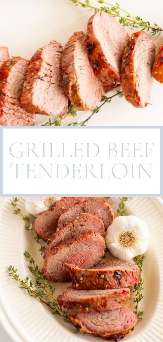 On a white platter, there is a sliced grilled beef tenderloin.