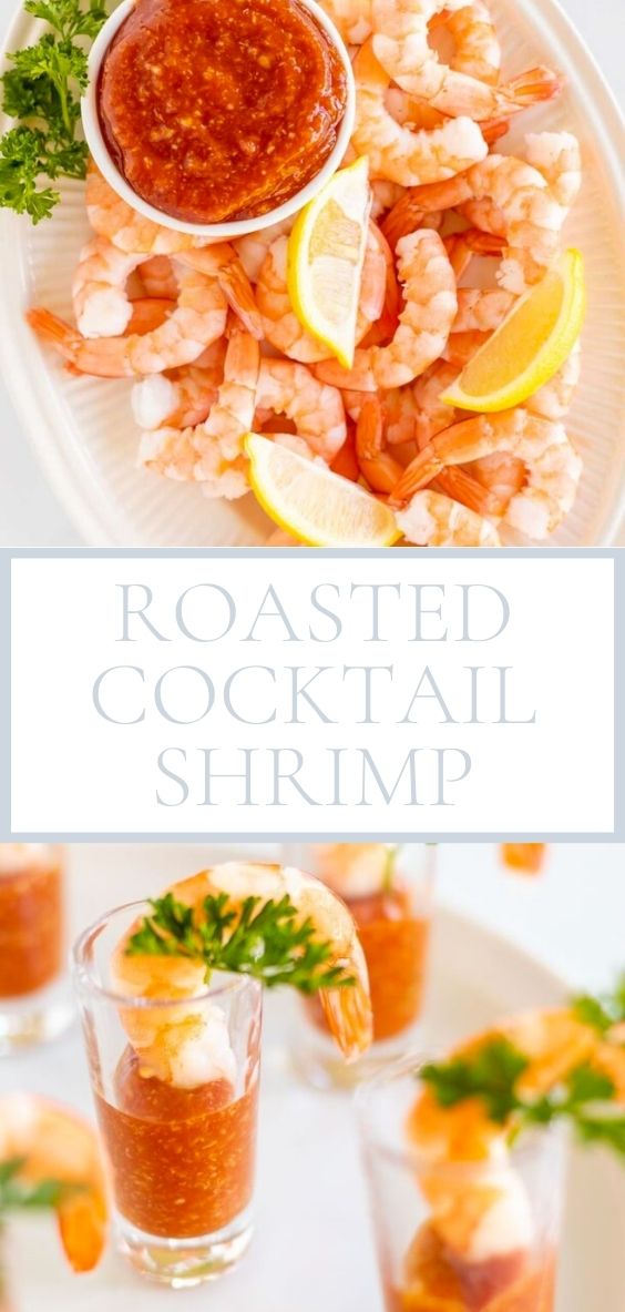 roasted shrimp in a shot glass of cocktail sauce
