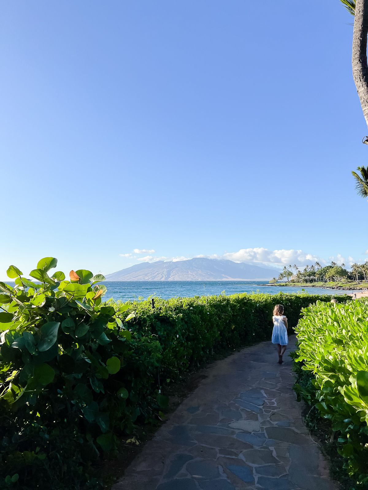 A little girl walking down a path with ocean and mountains in the background on Maui