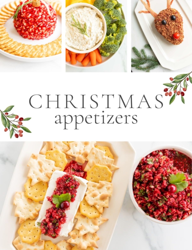 A graphic image combining several Christmas appetizers into one image, headline reads "Christmas Appetizers"