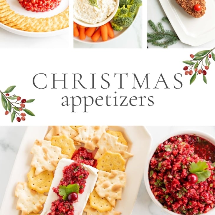 A graphic image combining several Christmas appetizers into one image, headline reads "Christmas Appetizers"