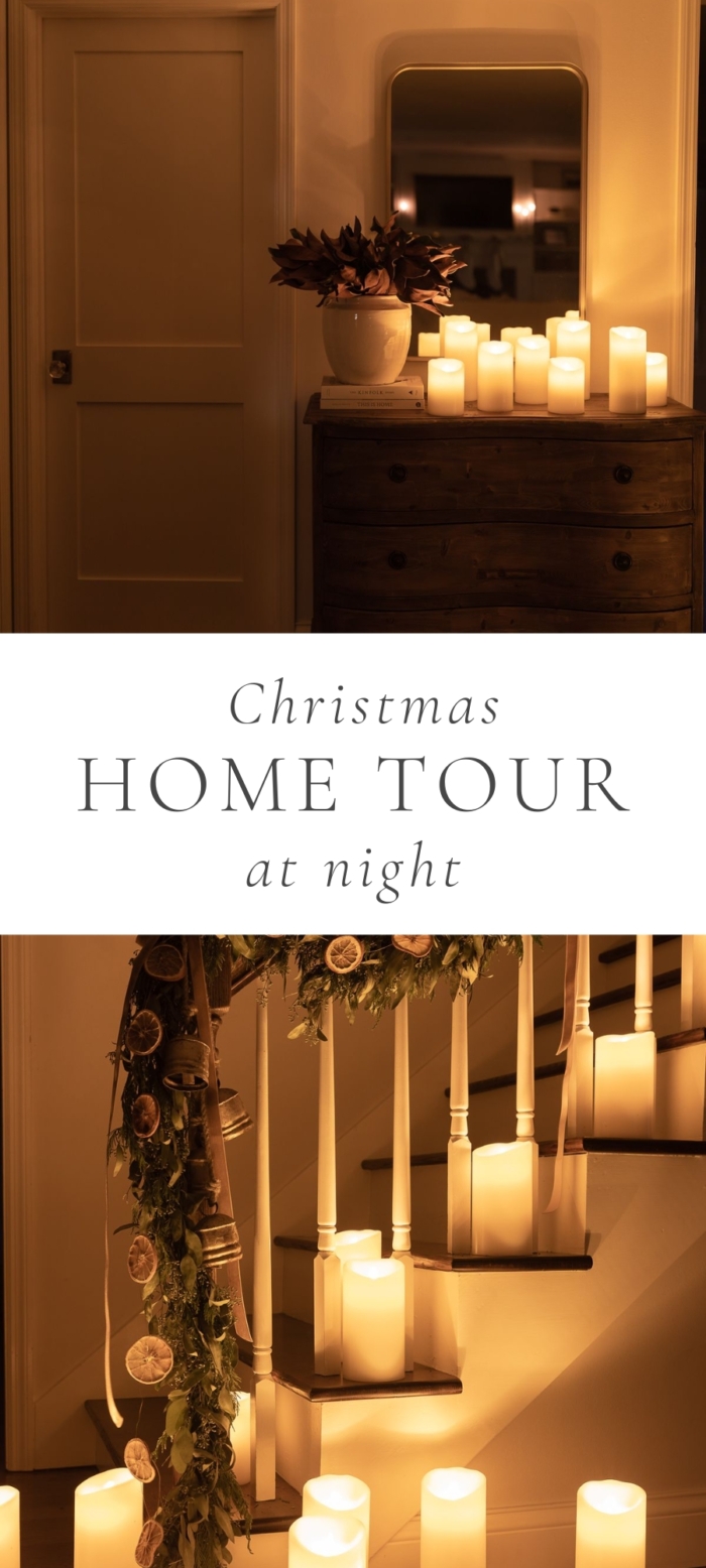 images of a home in the dark with christmas decorations and candles with caption in the middle saying "Christmas Home Tour At Night"