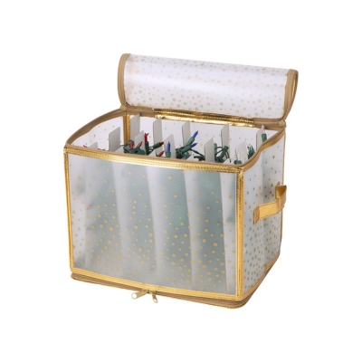 A clear storage box with gold polka dots, perfect for Christmas storage.