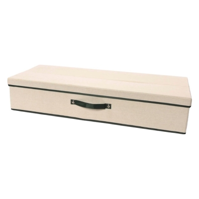 A beige storage box with a black handle perfect for Christmas storage.