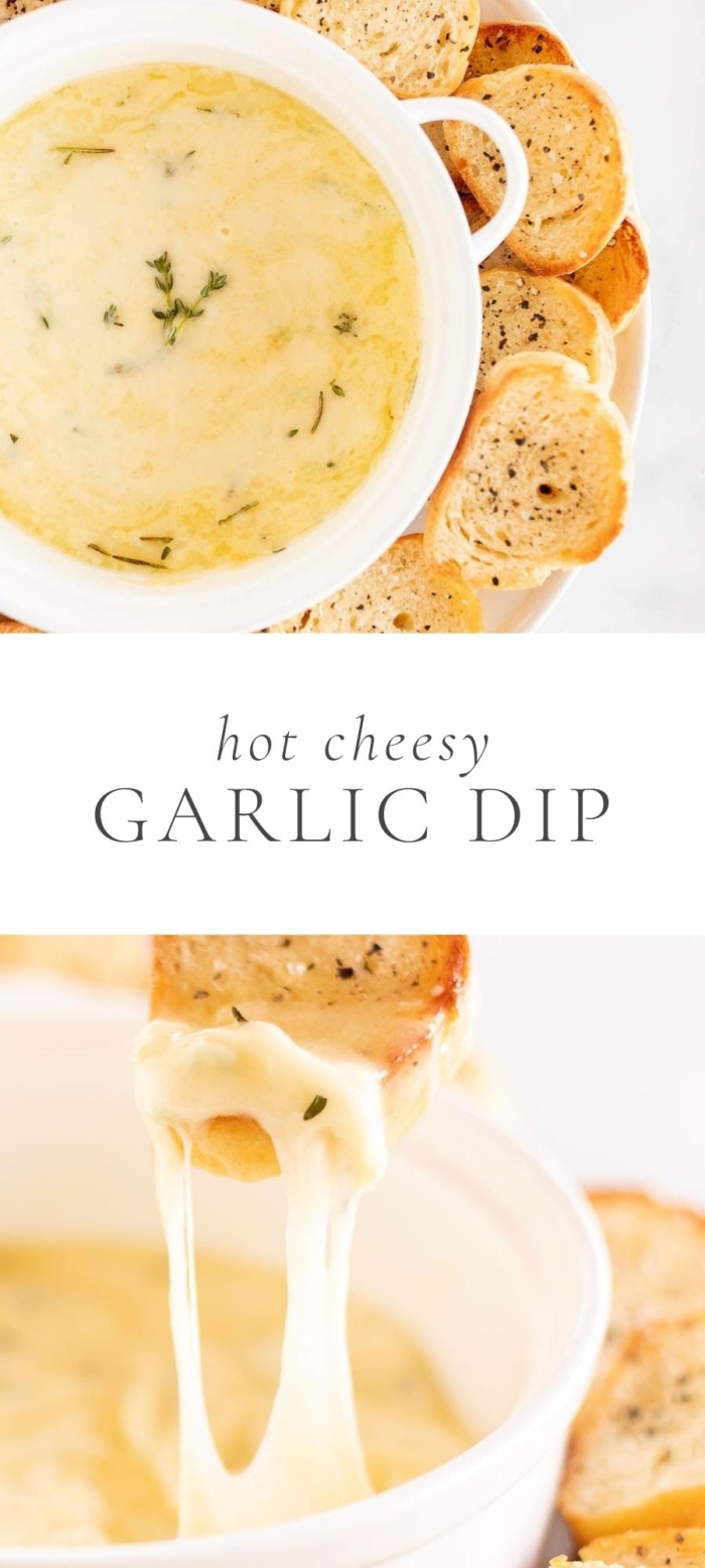 garlic dip with bread in white bowl