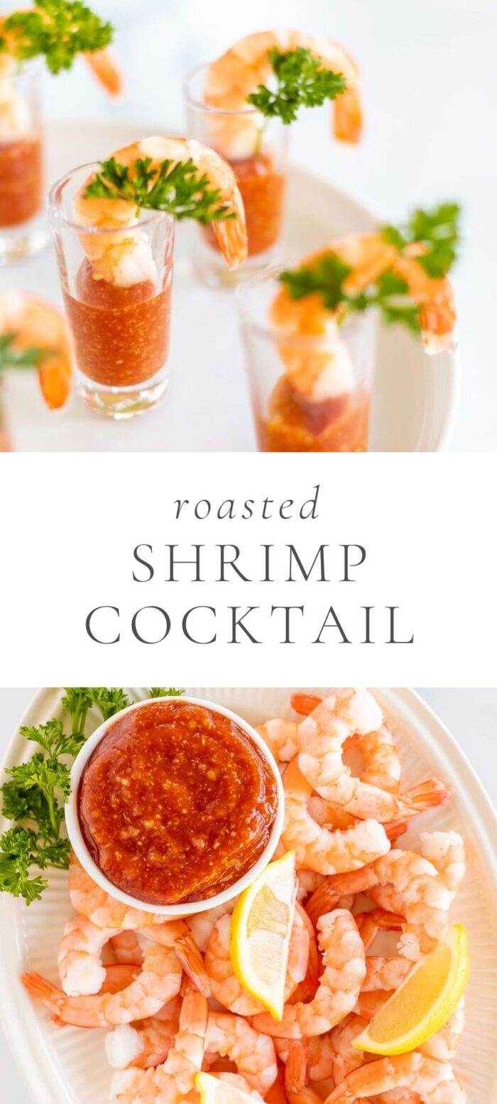 roasted shrimp in a shot glass of cocktail sauce