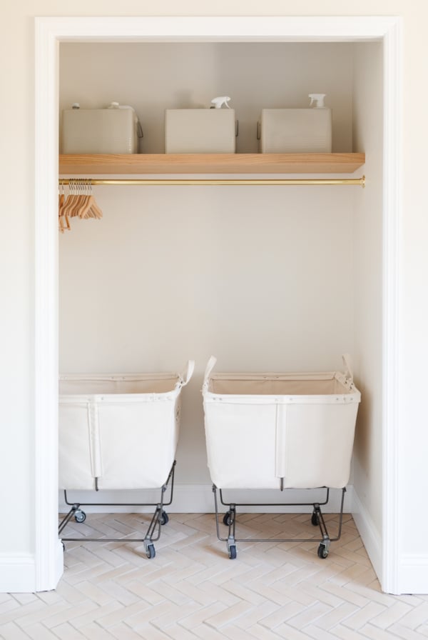 laundry carts and cleaning bins in closet