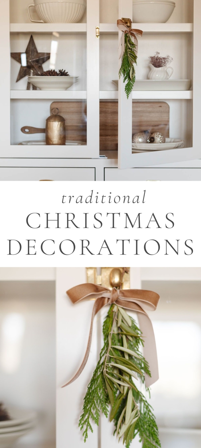 images of kitchen cabinets with Christmas decorations and caption saying "Traditional Christmas Decorations"
