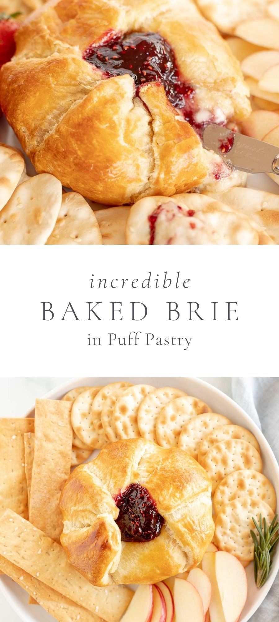 two pictures of baked brie on a platter with text to describe it